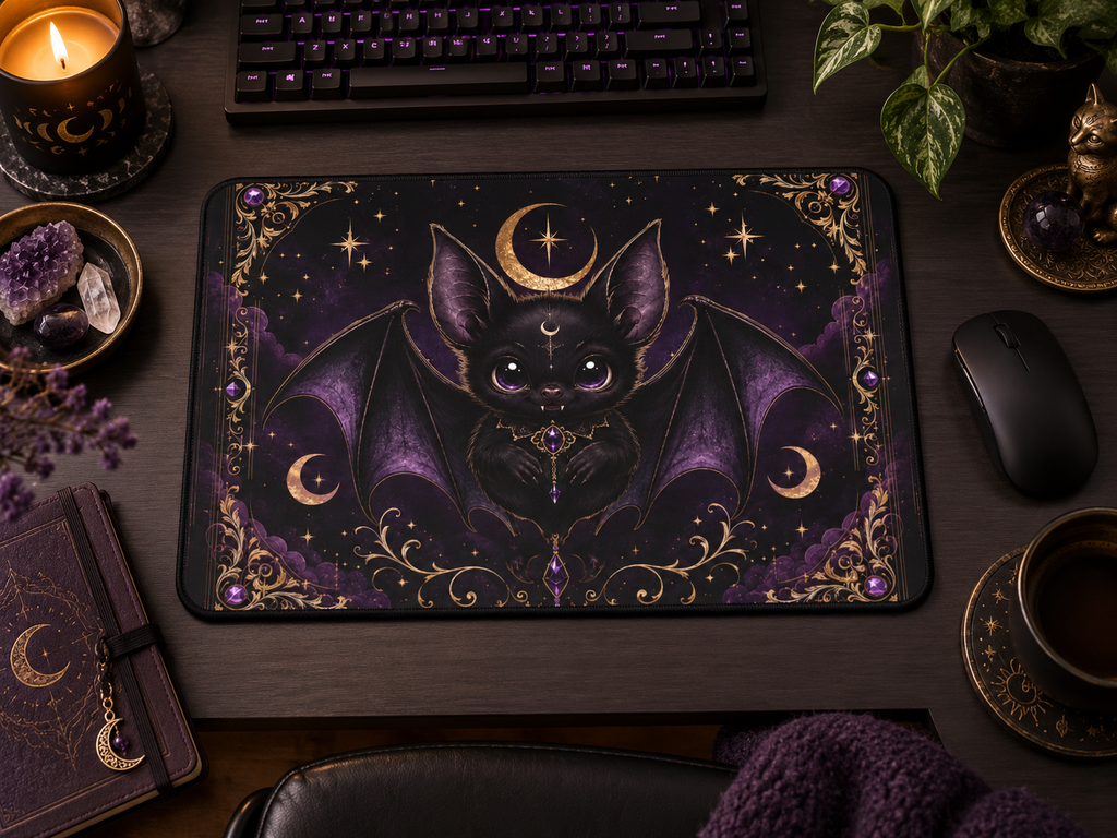 Vespertine Gothic Bat Gaming Desk Mat | Celestial Extended Mouse Pad
