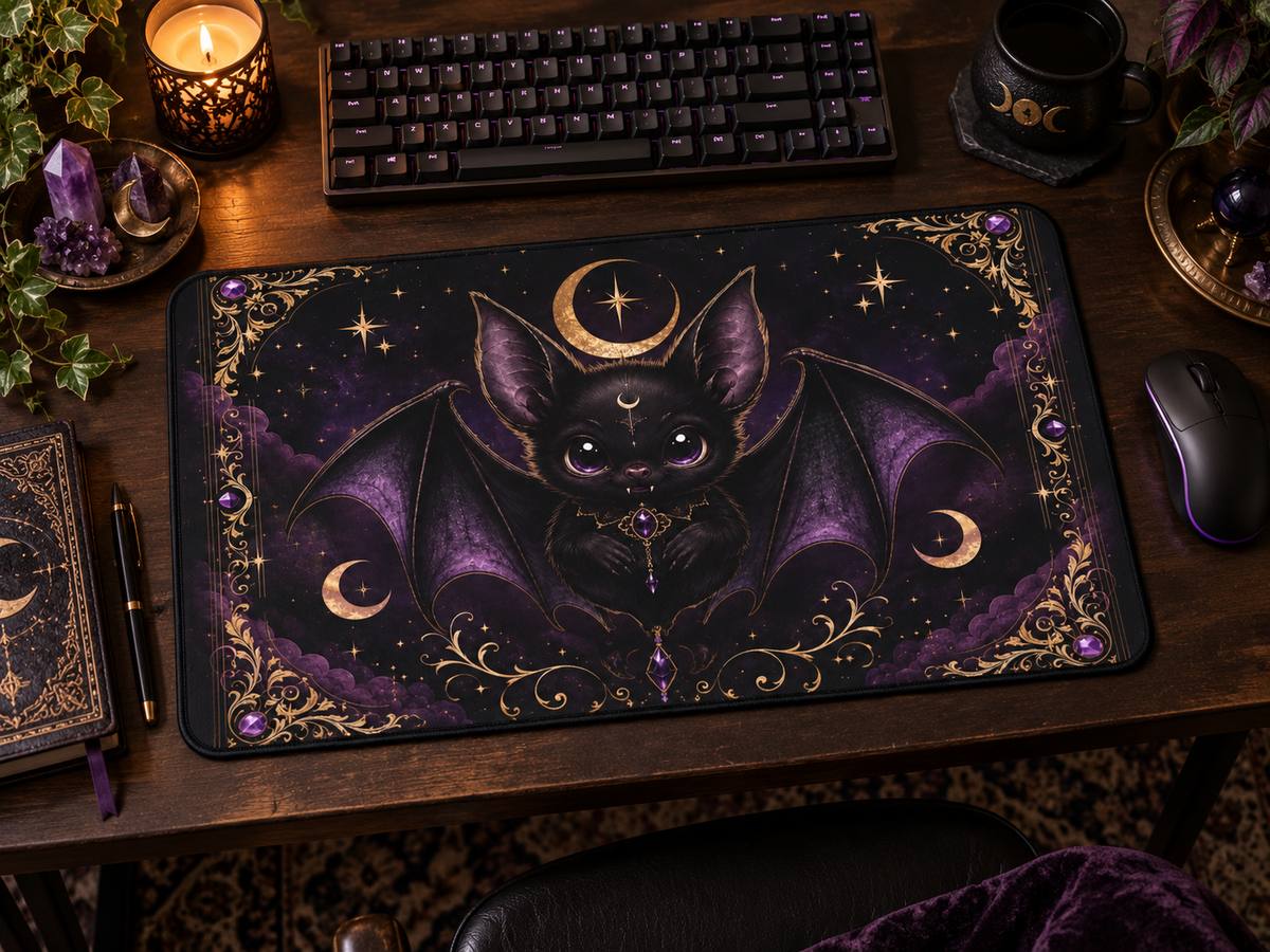 Vespertine Gothic Bat Gaming Desk Mat | Celestial Extended Mouse Pad