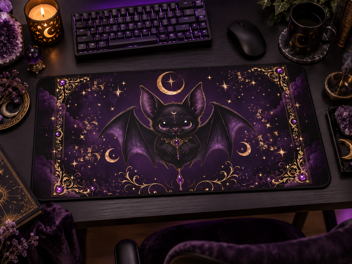 Vespertine Gothic Bat Gaming Desk Mat | Celestial Extended Mouse Pad