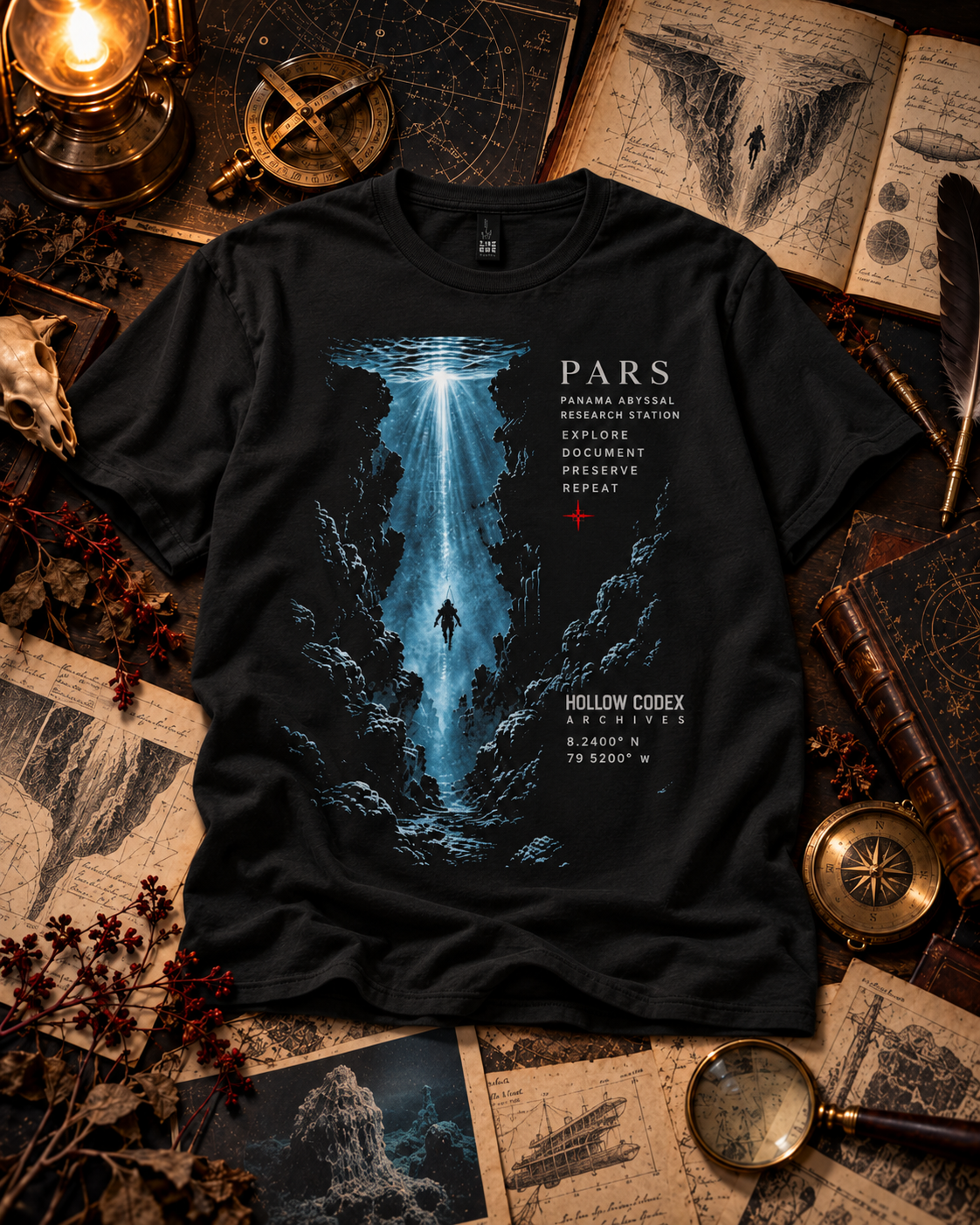 Black T-shirt featuring a blue abyssal trench design with a descending diver and PARS Panama Abyssal Research Station graphics, displayed in a dark archival flat-lay setting with maps, scientific instruments, books, lantern light, and explorer artifacts.