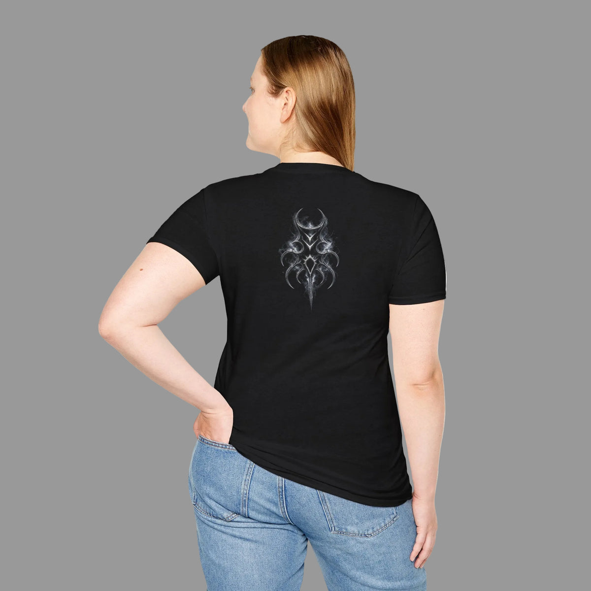Female model shown from the back wearing a black PARS T-shirt with a centered white Hollow Codex biomechanical emblem on the upper back.