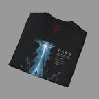 Folded black PARS T-shirt showing the blue abyssal trench and descending diver graphic with Panama Abyssal Research Station text on a neutral gray background.
