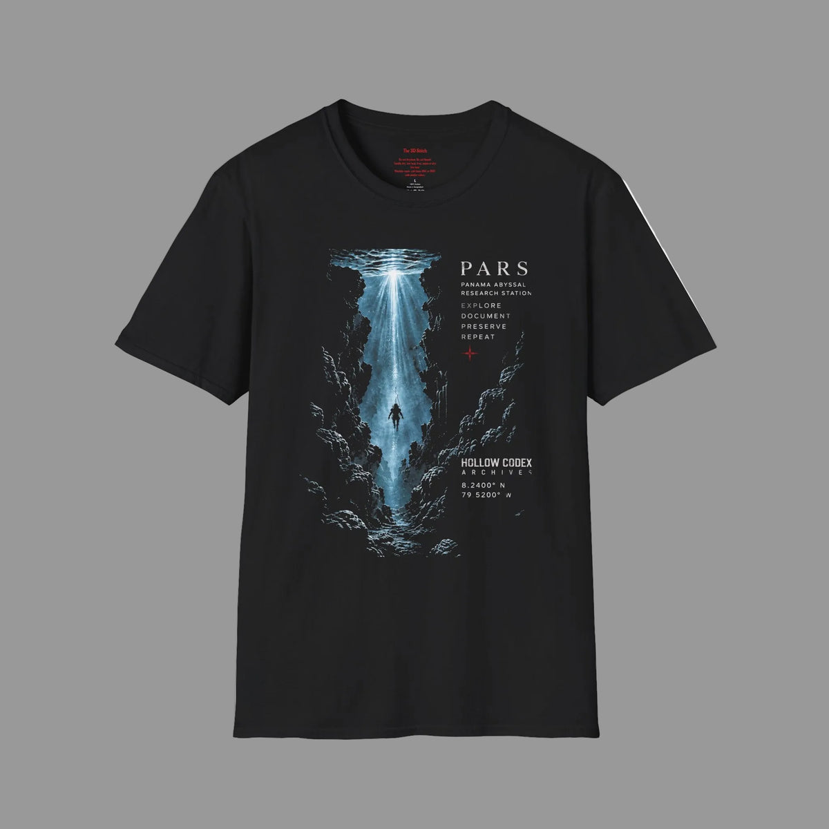 Black PARS T-shirt featuring a blue abyssal trench and descending diver graphic with Panama Abyssal Research Station and Hollow Codex Archives text, shown front-facing on a white background.
