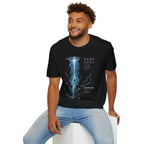 Model wearing a black PARS T-shirt featuring the blue abyssal trench and descending diver graphic with Panama Abyssal Research Station and Hollow Codex Archives details.