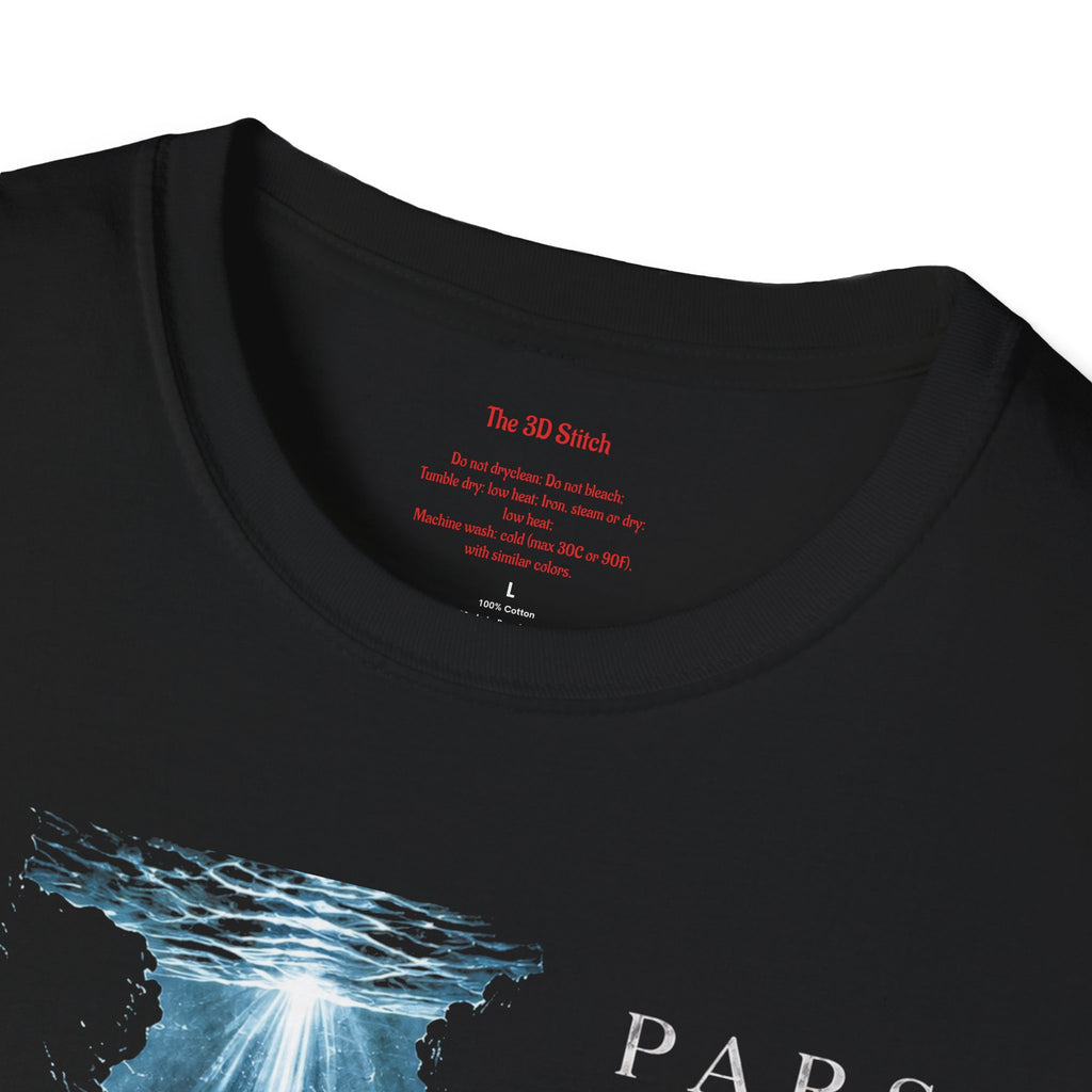 Close-up of the black PARS T-shirt collar showing The 3D Stitch printed neck label and care information above the abyssal research graphic.
