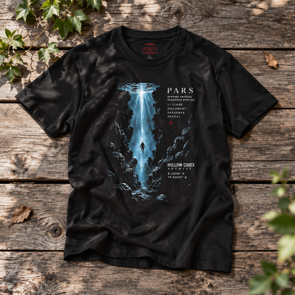 Black PARS T-shirt featuring a blue abyssal trench and descending diver design, displayed flat on rustic wooden boards with natural greenery and sunlight.