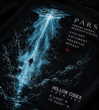Close-up of folded black PARS T-shirt featuring a blue abyssal trench scene, descending diver, Panama Abyssal Research Station text, and Hollow Codex Archives coordinates.
