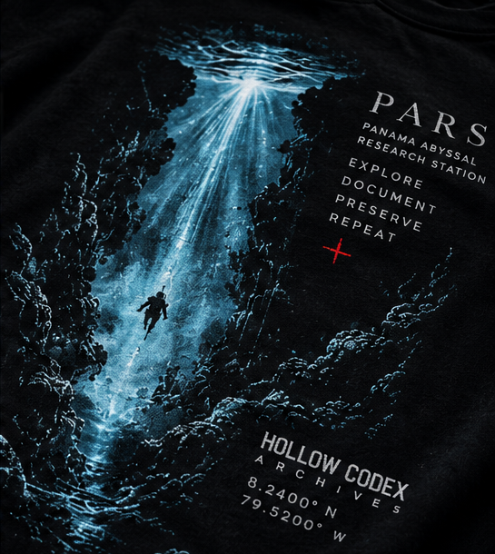 Close-up of folded black PARS T-shirt featuring a blue abyssal trench scene, descending diver, Panama Abyssal Research Station text, and Hollow Codex Archives coordinates.