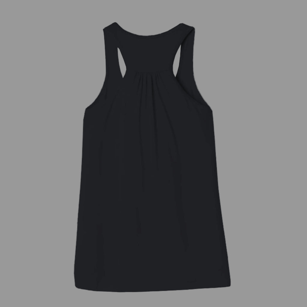 Back view of black Vespertine Moonwatcher racerback tank showing the plain gathered racerback design and relaxed fit.