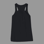 Back view of black Vespertine Moonwatcher racerback tank showing the plain gathered racerback design and relaxed fit.