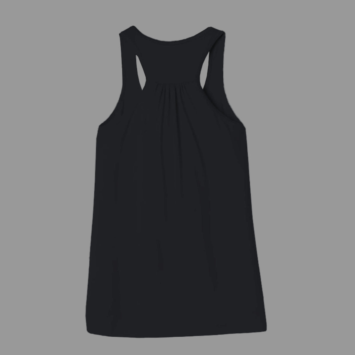 Back view of black Vespertine Moonwatcher racerback tank showing the plain gathered racerback design and relaxed fit.