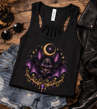 Black Vespertine Moonwatcher racerback tank featuring a purple celestial bat and gold crescent moon design, styled in a flat lay with denim shorts, sunglasses, leather jacket, and black boots.