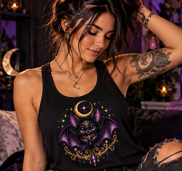 Female model wearing a black Vespertine Moonwatcher racerback tank featuring a purple celestial bat, crescent moon, stars, and ornate gold details in a moody gothic setting.