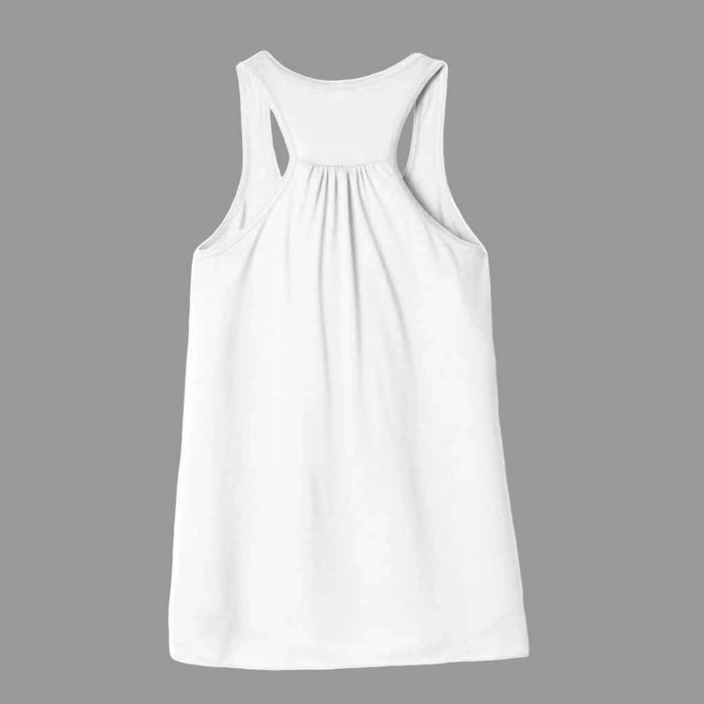 Back view of the white Vespertine Moonwatcher racerback tank showing the gathered racerback design and relaxed fit on a neutral background.