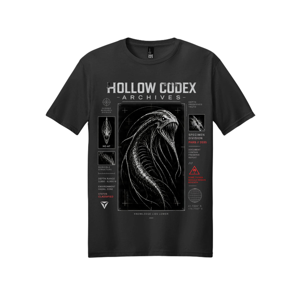 Black Hollow Codex Archives graphic T-shirt featuring a deep-sea specimen dossier design in distressed white and red.