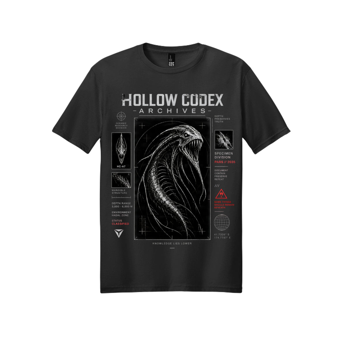 Black Hollow Codex Archives graphic T-shirt featuring a deep-sea specimen dossier design in distressed white and red.
