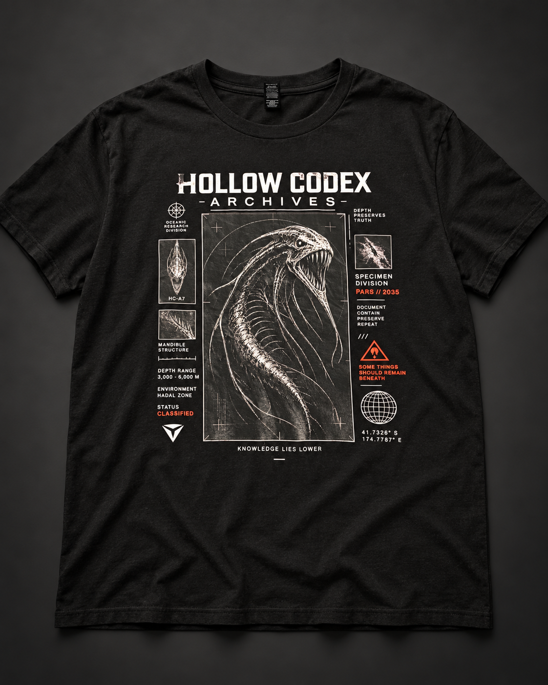 Black Hollow Codex Archives T-shirt with a deep-sea specimen dossier graphic displayed against a dark studio background.