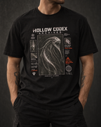 Model wearing a black Hollow Codex Archives deep-sea specimen graphic T-shirt against a dark studio background.