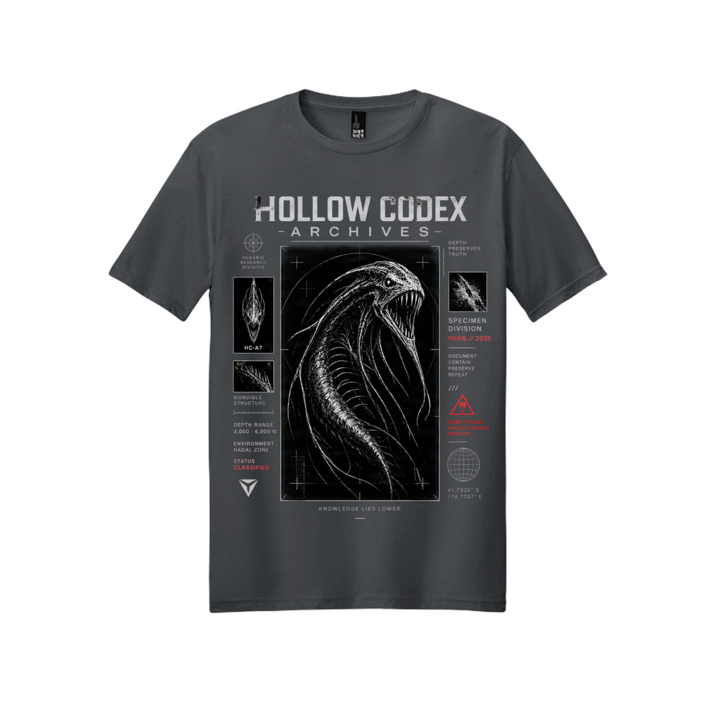 Dark gray Hollow Codex Archives graphic T-shirt featuring a deep-sea specimen dossier design in distressed white and red.