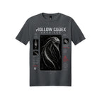 Dark gray Hollow Codex Archives graphic T-shirt featuring a deep-sea specimen dossier design in distressed white and red.