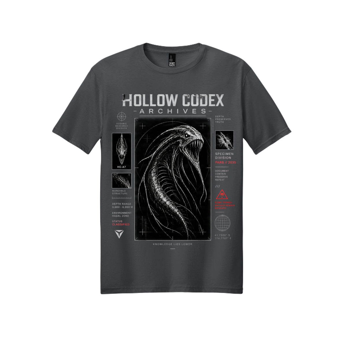 Dark gray Hollow Codex Archives graphic T-shirt featuring a deep-sea specimen dossier design in distressed white and red.