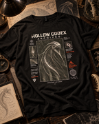 Black Hollow Codex Archives deep-sea specimen T-shirt displayed on a vintage research desk with maps, sketches, and specimen props.