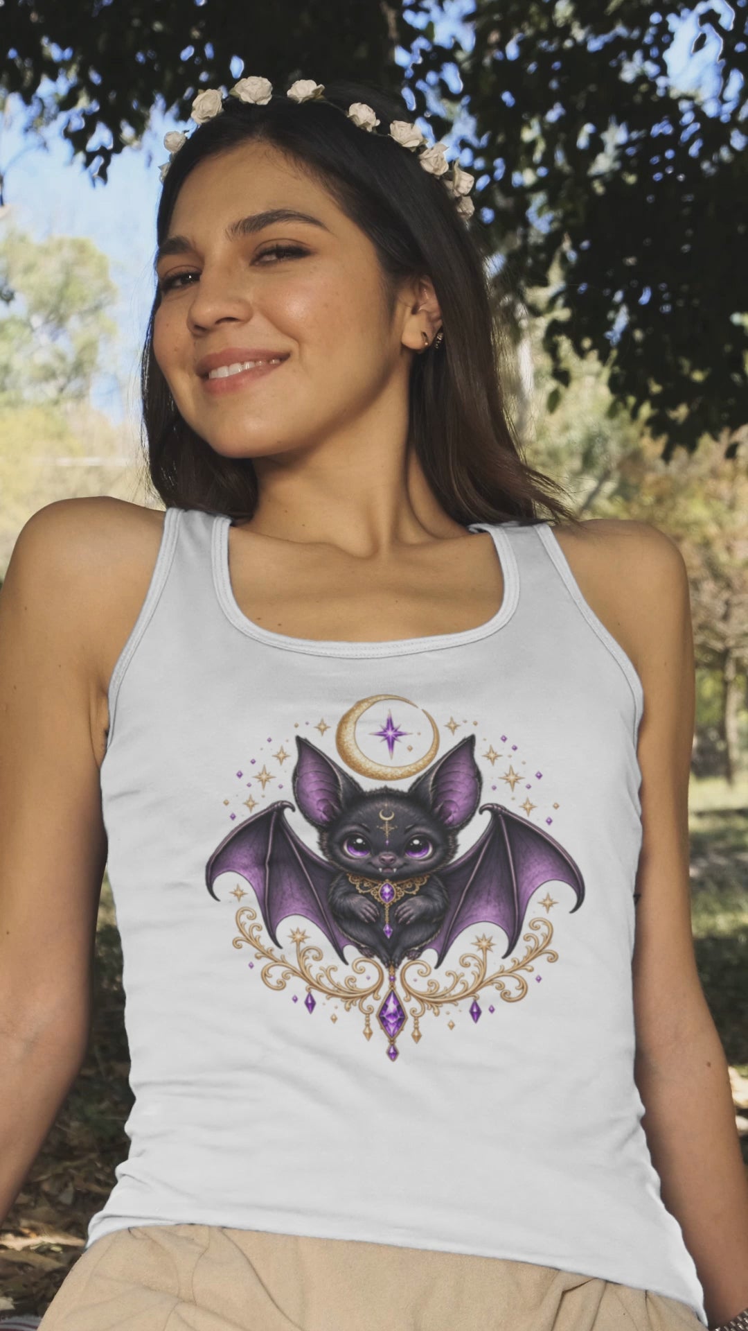 Video of a model wearing the Vespertine Moonwatcher white racerback tank featuring a purple gothic bat, crescent moon, stars, and ornate gold celestial details