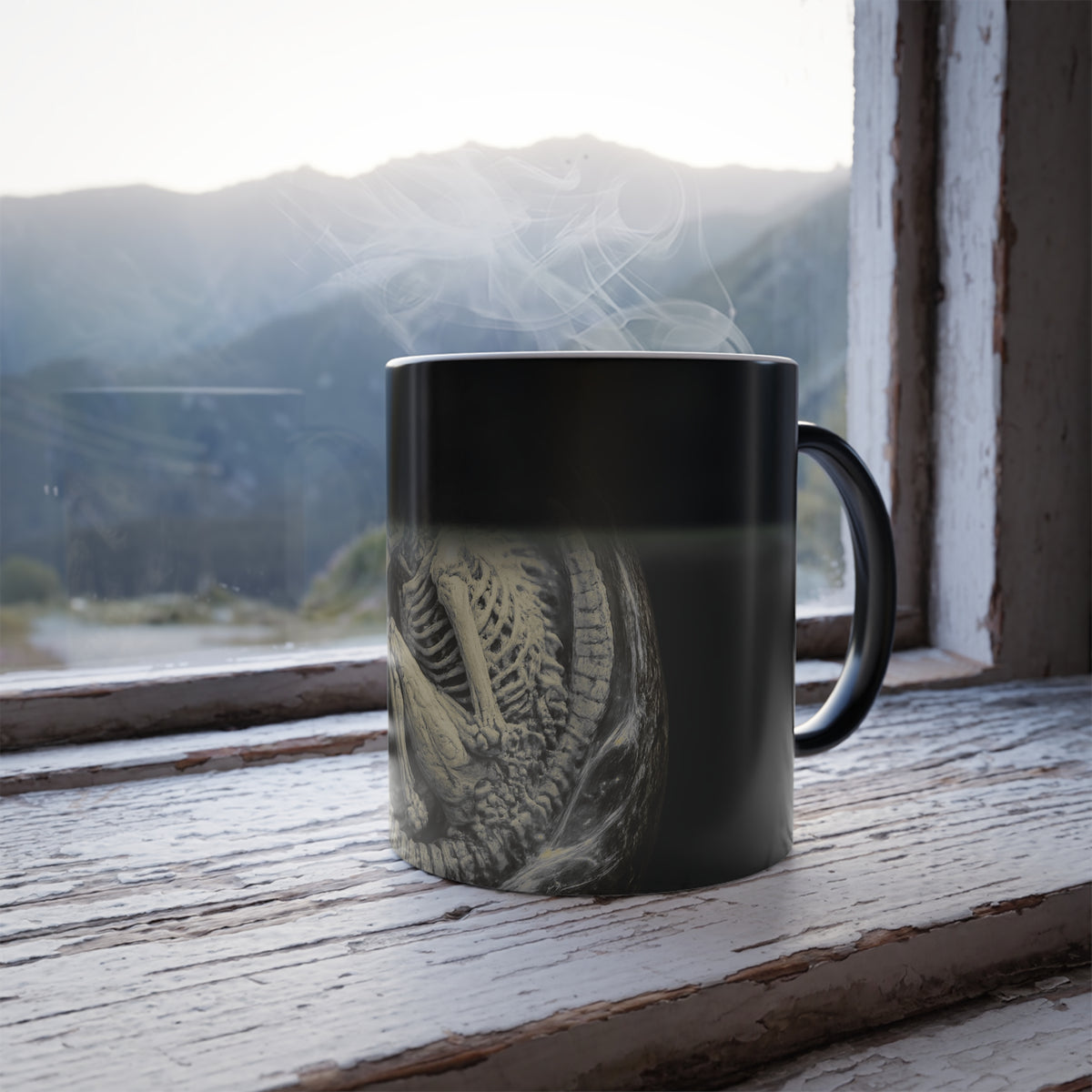 Shardlurker color-changing mug shown warm with the skeletal creature design revealed, demonstrating the heat-reactive hot-change effect