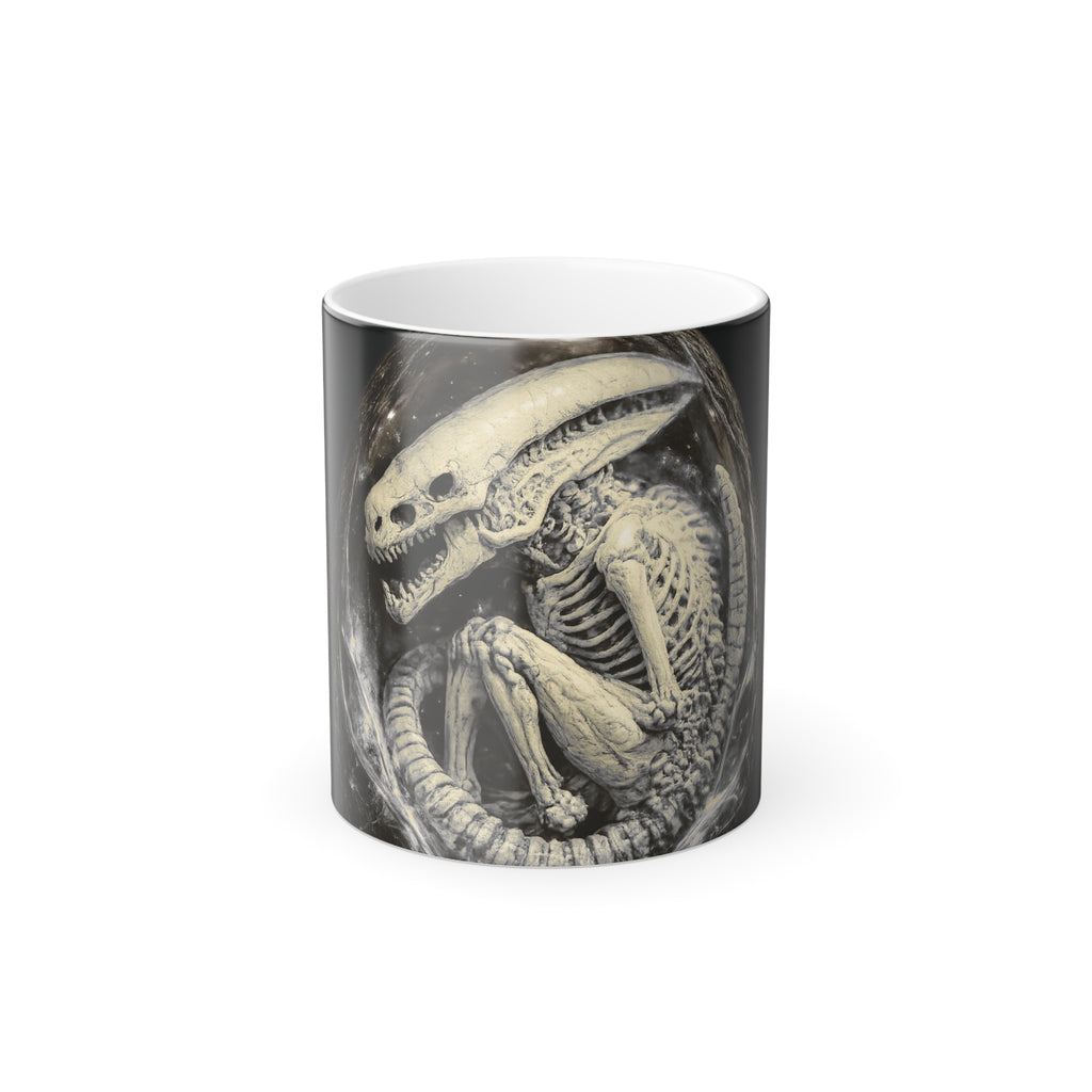 Shardlurker color-changing mug shown hot with the skeletal creature design fully revealed on the front