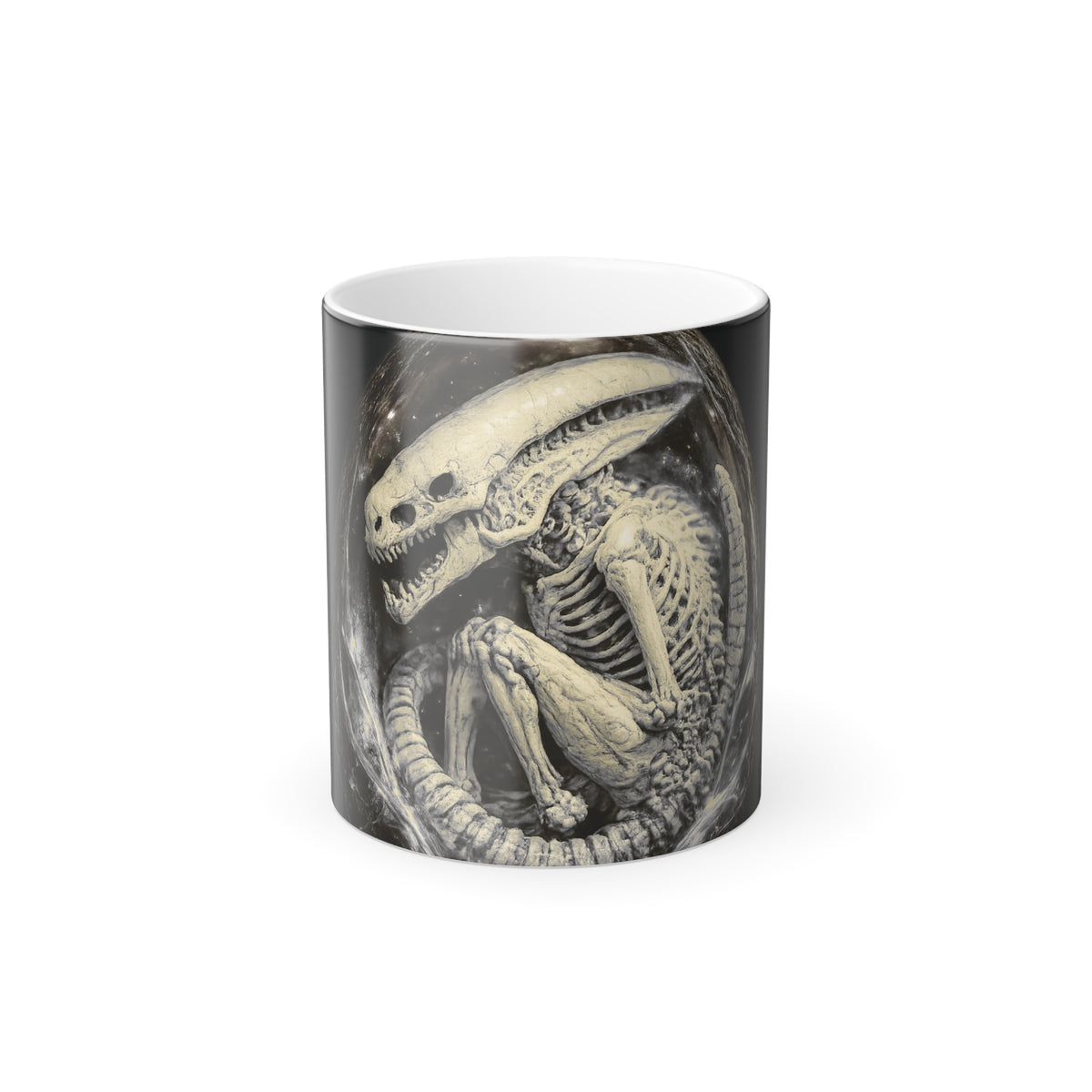Shardlurker color-changing mug shown hot with the skeletal creature design fully revealed on the front