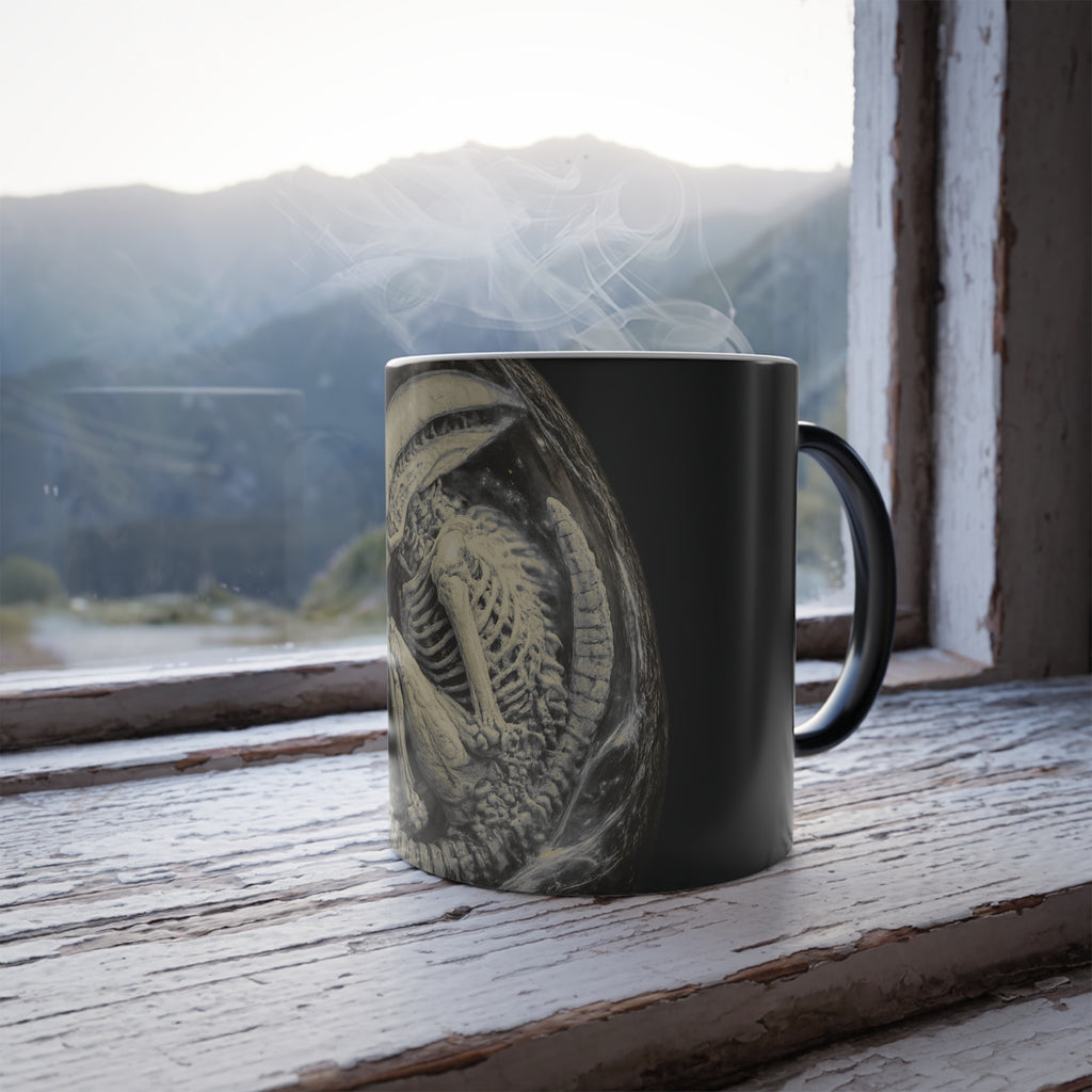Shardlurker color-changing mug shown hot with the skeletal creature design revealed on a black mug beside a window