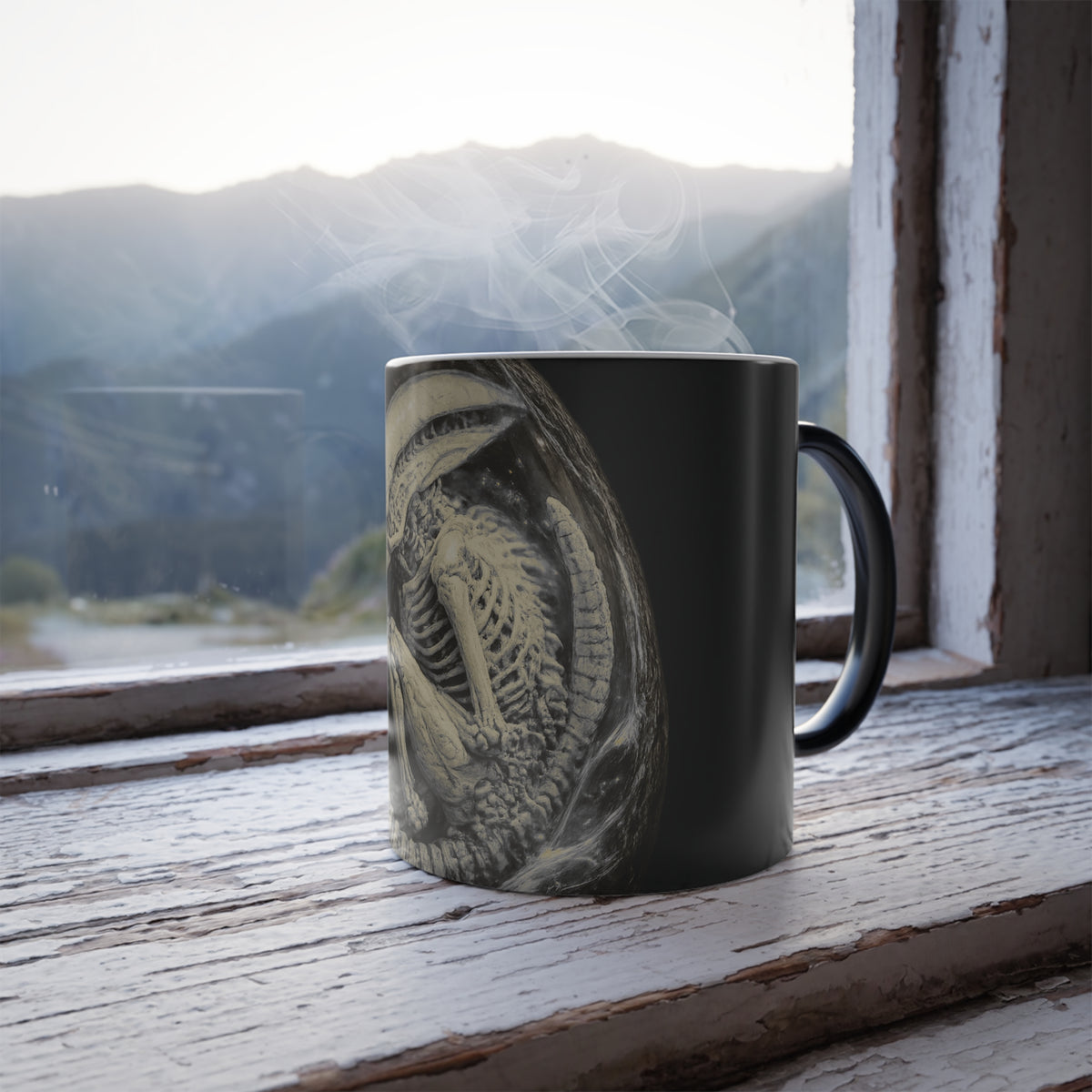 Shardlurker color-changing mug shown hot with the skeletal creature design revealed on a black mug beside a window