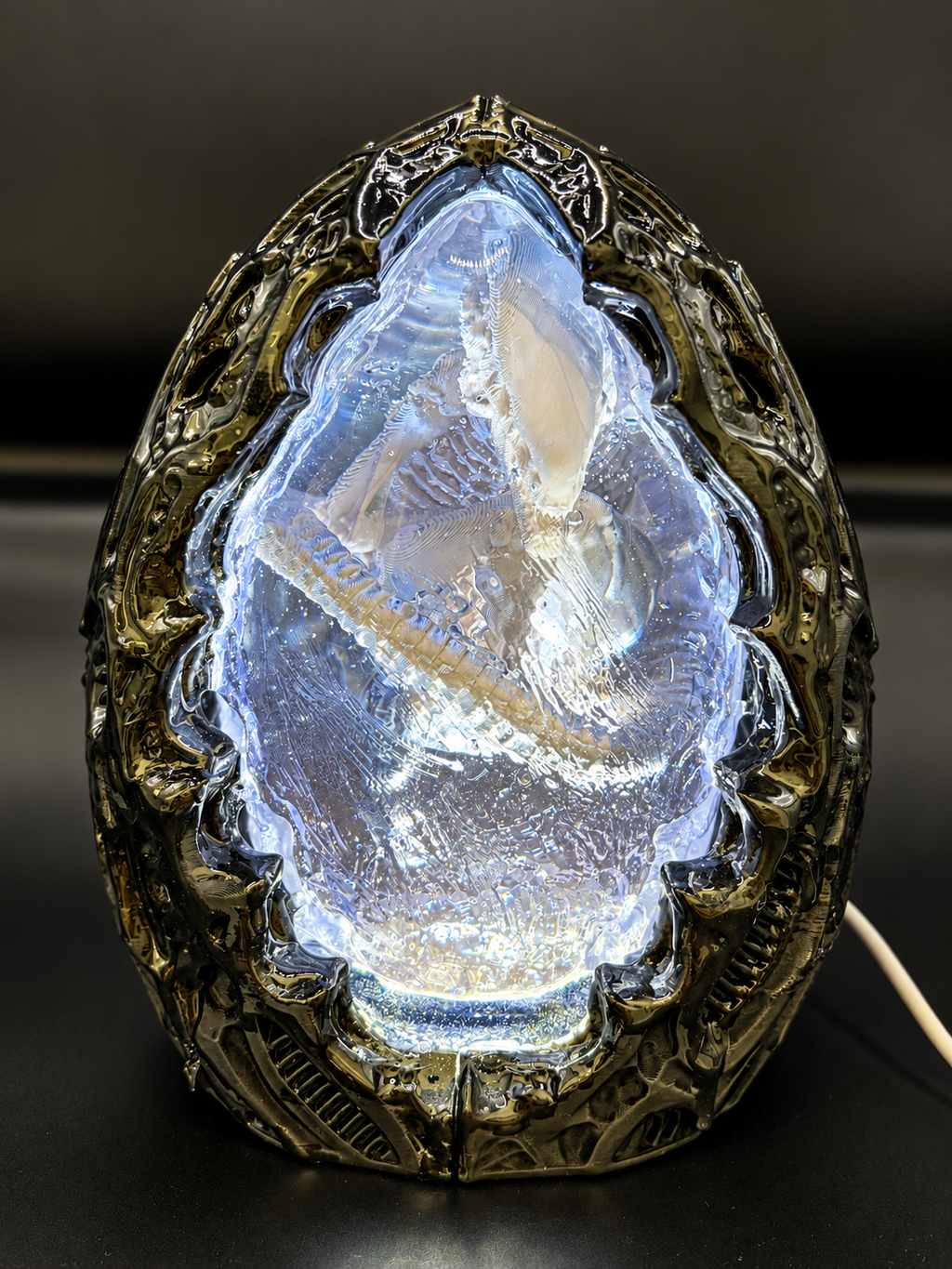 Shardlurker Specimen Night Light with translucent resin egg illuminated in cool white light, showing the fetal specimen inside