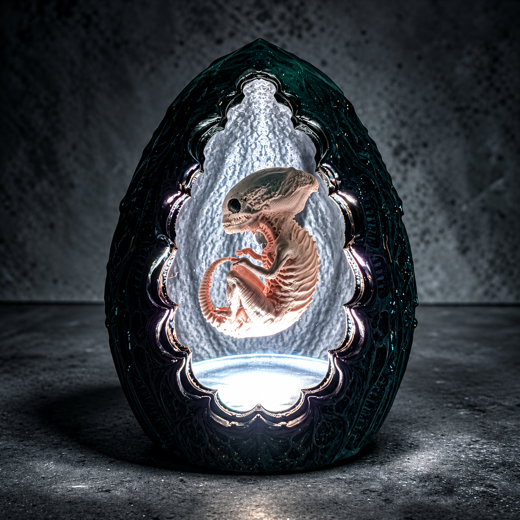 Shardlurker Specimen Night Light with illuminated fetal specimen inside textured containment egg