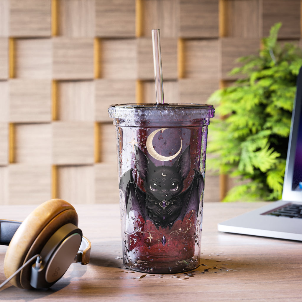 Vespertine Gothic Moon Bat 16oz acrylic tumbler with clear straw displayed on a desk, featuring a black bat, crescent moon, and starry celestial artwork
