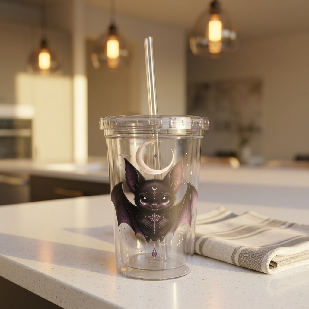 Vespertine Gothic Moon Bat 16oz acrylic tumbler with clear straw displayed on a kitchen counter, featuring a black bat, crescent moon, and celestial artwork