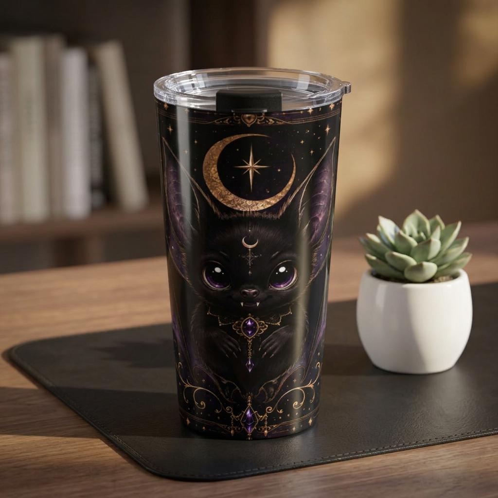 Vespertine Gothic Moon Bat 20oz tumbler displayed on a desk beside a succulent, featuring a black bat, crescent moon, stars, and purple celestial details