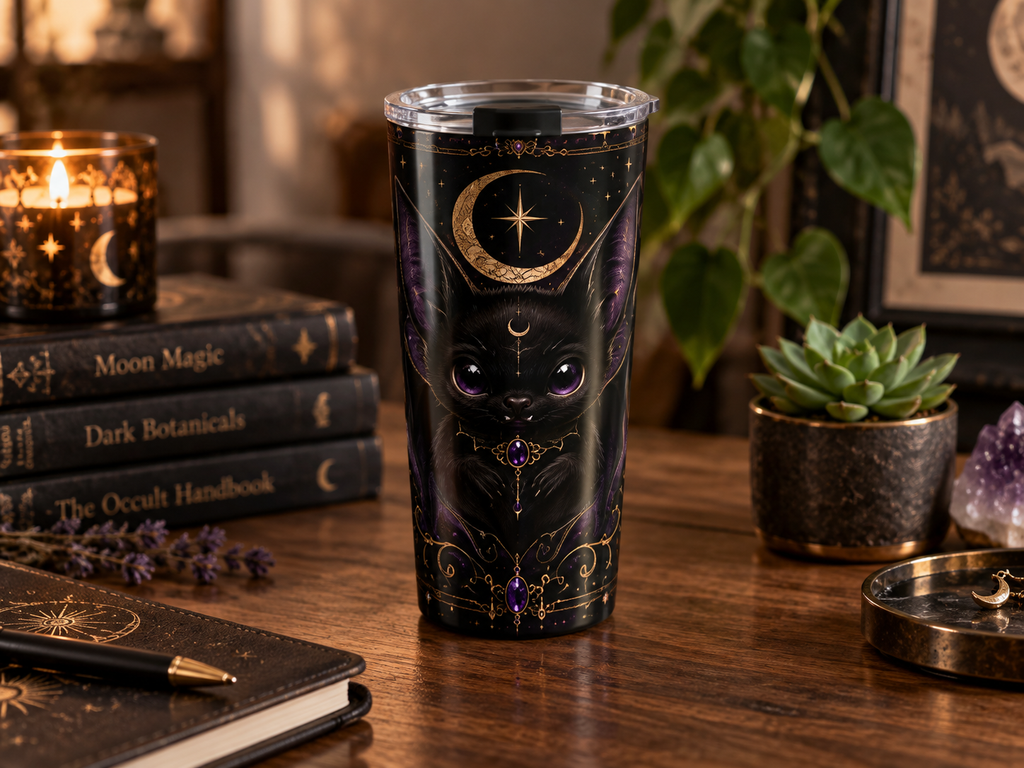 Vespertine Gothic Moon Bat 20oz tumbler displayed in a dark occult-inspired setting, featuring a black bat, crescent moon, stars, and purple celestial details