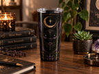 Vespertine Gothic Moon Bat 20oz tumbler displayed in a dark occult-inspired setting, featuring a black bat, crescent moon, stars, and purple celestial details