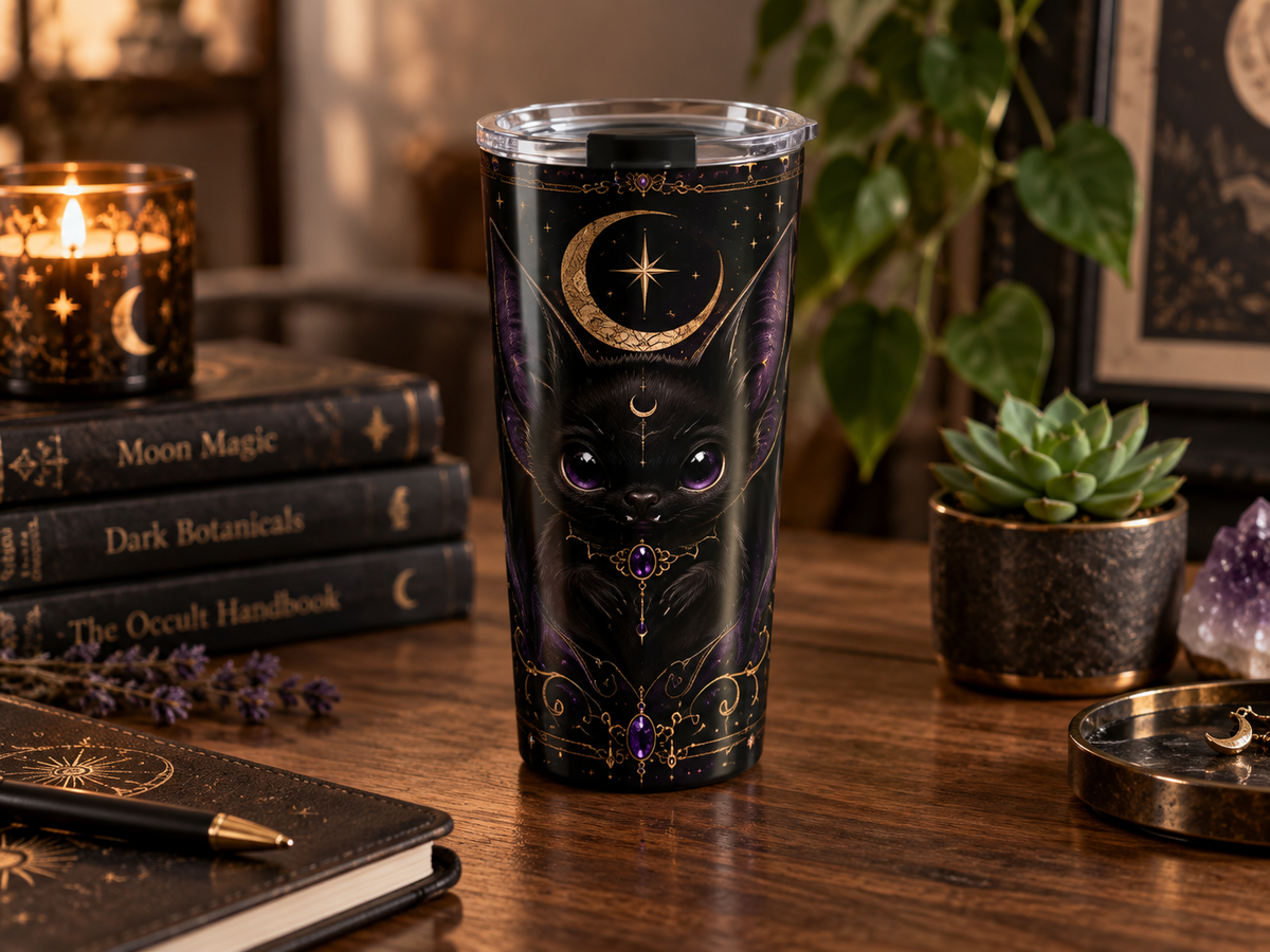 Vespertine Gothic Moon Bat 20oz tumbler displayed in a dark occult-inspired setting, featuring a black bat, crescent moon, stars, and purple celestial details