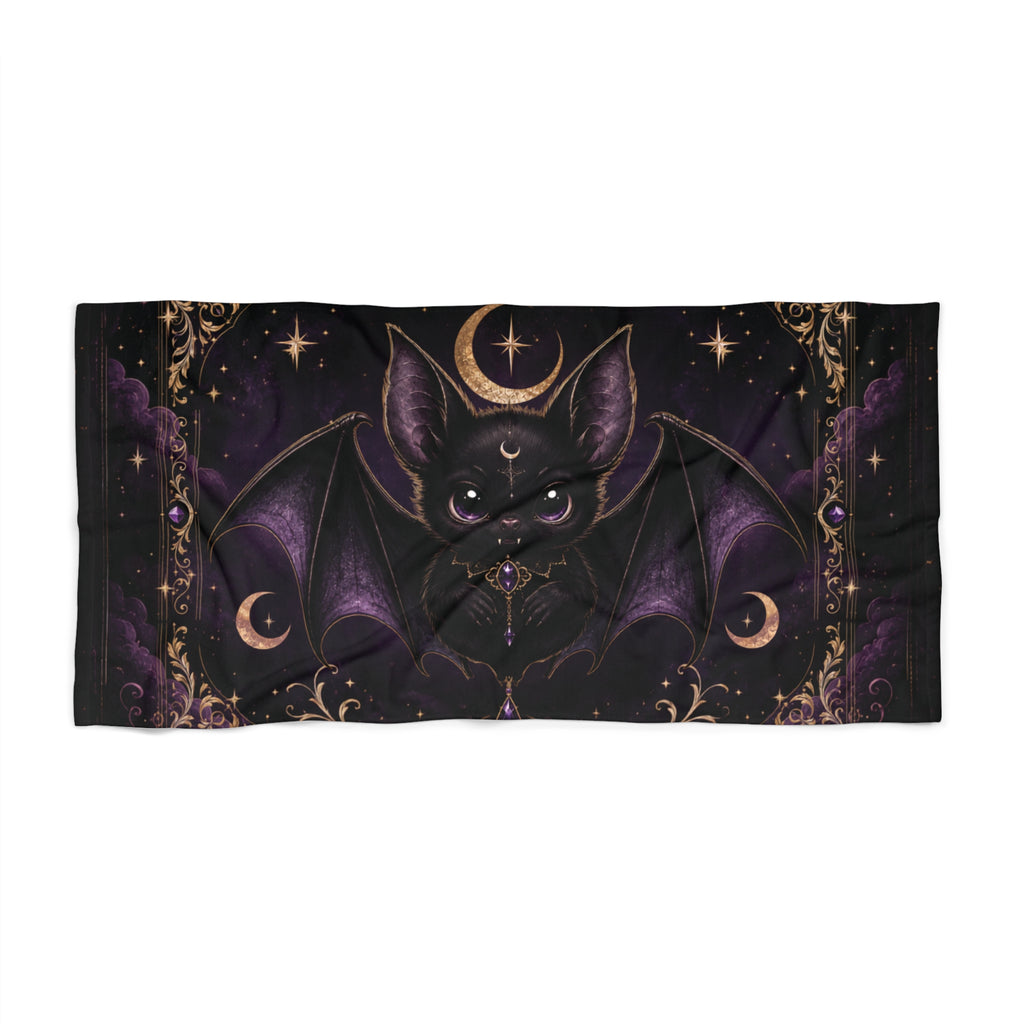 Vespertine Gothic Moon Bat beach towel featuring a black bat with purple wings, crescent moons, stars, and ornate gold celestial details