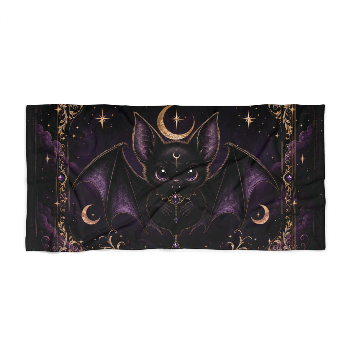 Vespertine Gothic Moon Bat beach towel featuring a black bat with purple wings, crescent moons, stars, and ornate gold celestial details