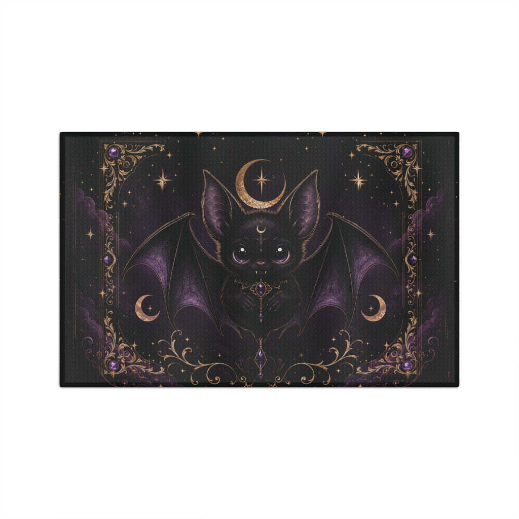 Vespertine Gothic Moon Bat microfiber tea towel featuring a black bat with purple wings, crescent moons, stars, and ornate gold celestial details