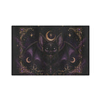 Vespertine Gothic Moon Bat microfiber tea towel featuring a black bat with purple wings, crescent moons, stars, and ornate gold celestial details