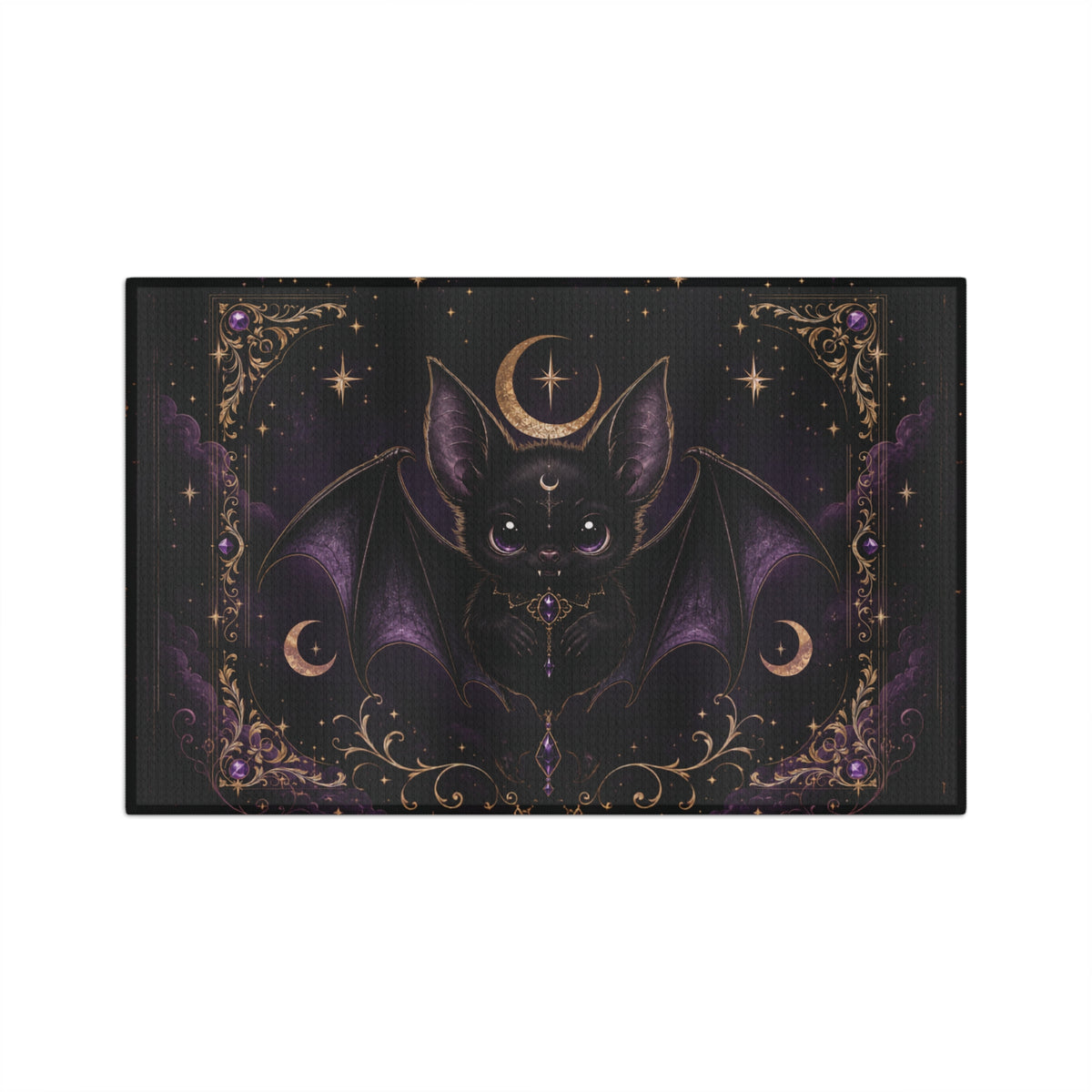 Vespertine Gothic Moon Bat microfiber tea towel featuring a black bat with purple wings, crescent moons, stars, and ornate gold celestial details