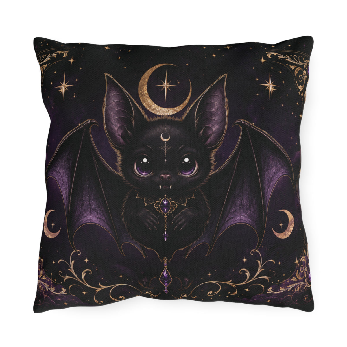 Vespertine Gothic Moon Bat outdoor throw pillow featuring a black bat with purple wings, crescent moons, stars, and ornate gold celestial details