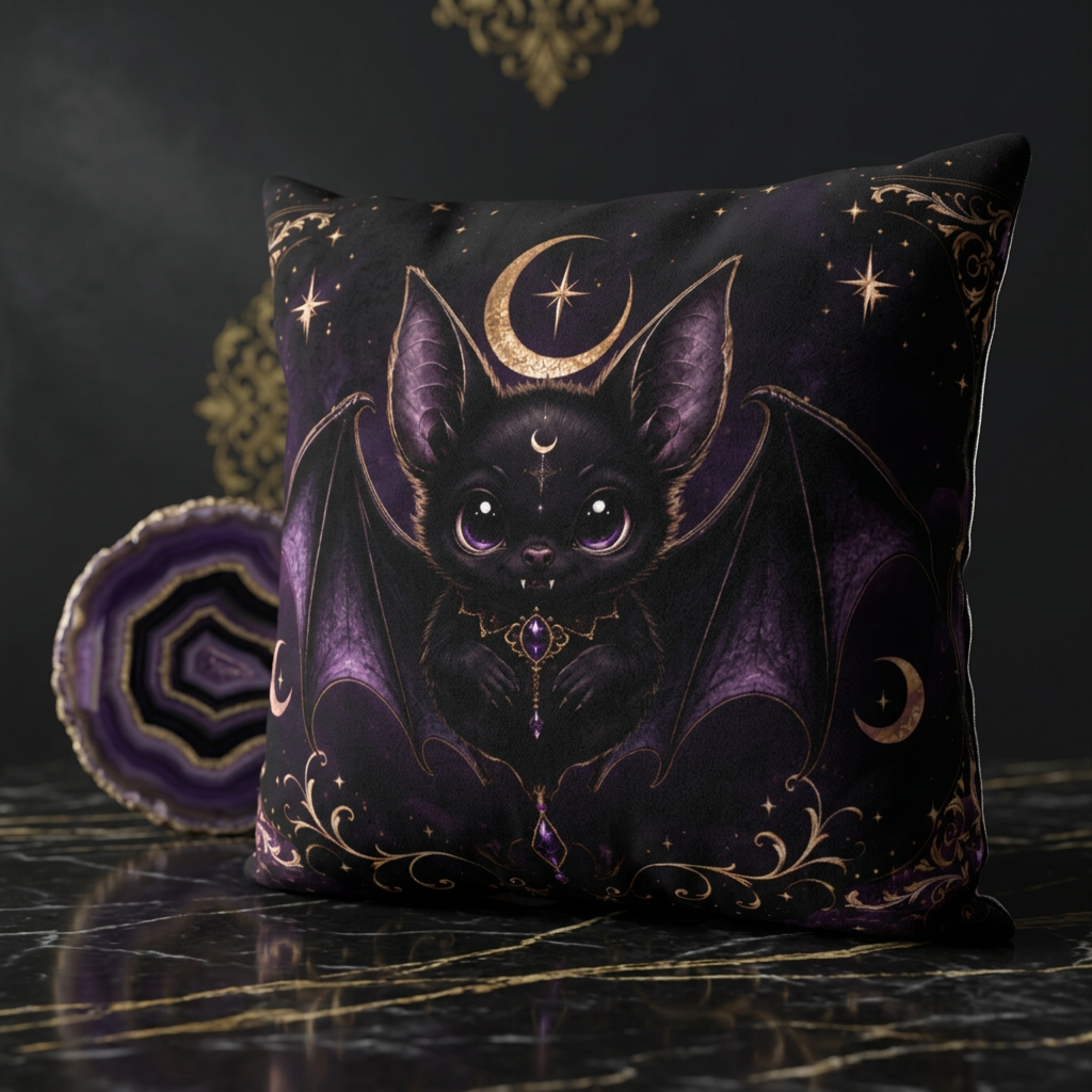 Vespertine Gothic Moon Bat outdoor throw pillow displayed on a dark marble surface beside a purple agate accent, featuring black bat and celestial artwork