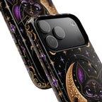 Close-up of Vespertine Gothic Moon Bat phone case showing the camera area, glossy black finish, purple bat artwork, crystals, stars, and ornate gold details
