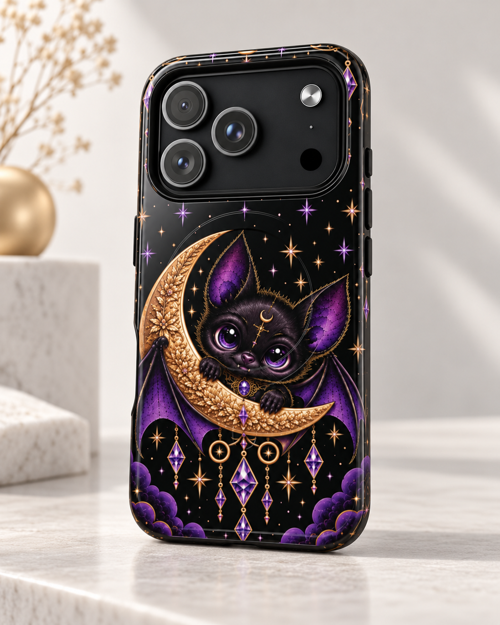 Vespertine Gothic Moon Bat phone case featuring a cute black bat on a gold crescent moon with purple crystals, stars, and celestial details