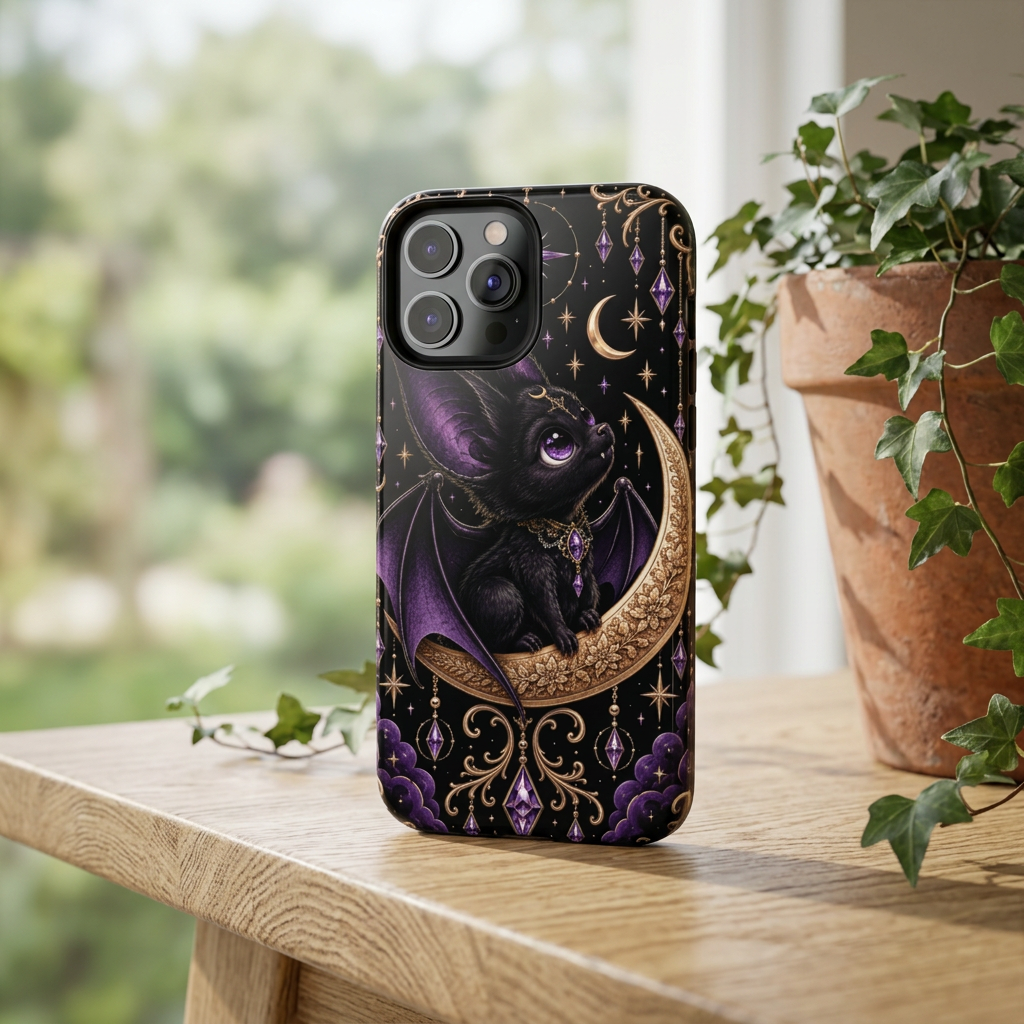Vespertine Gothic Moon Bat phone case displayed beside a potted ivy plant, featuring a black bat, crescent moon, purple crystals, stars, and ornate gold details